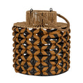 Round lantern on a white background, with tan looped bands over dark hoops, a pale cord-covered shoulder and neck, and a rope handle draped across the top.