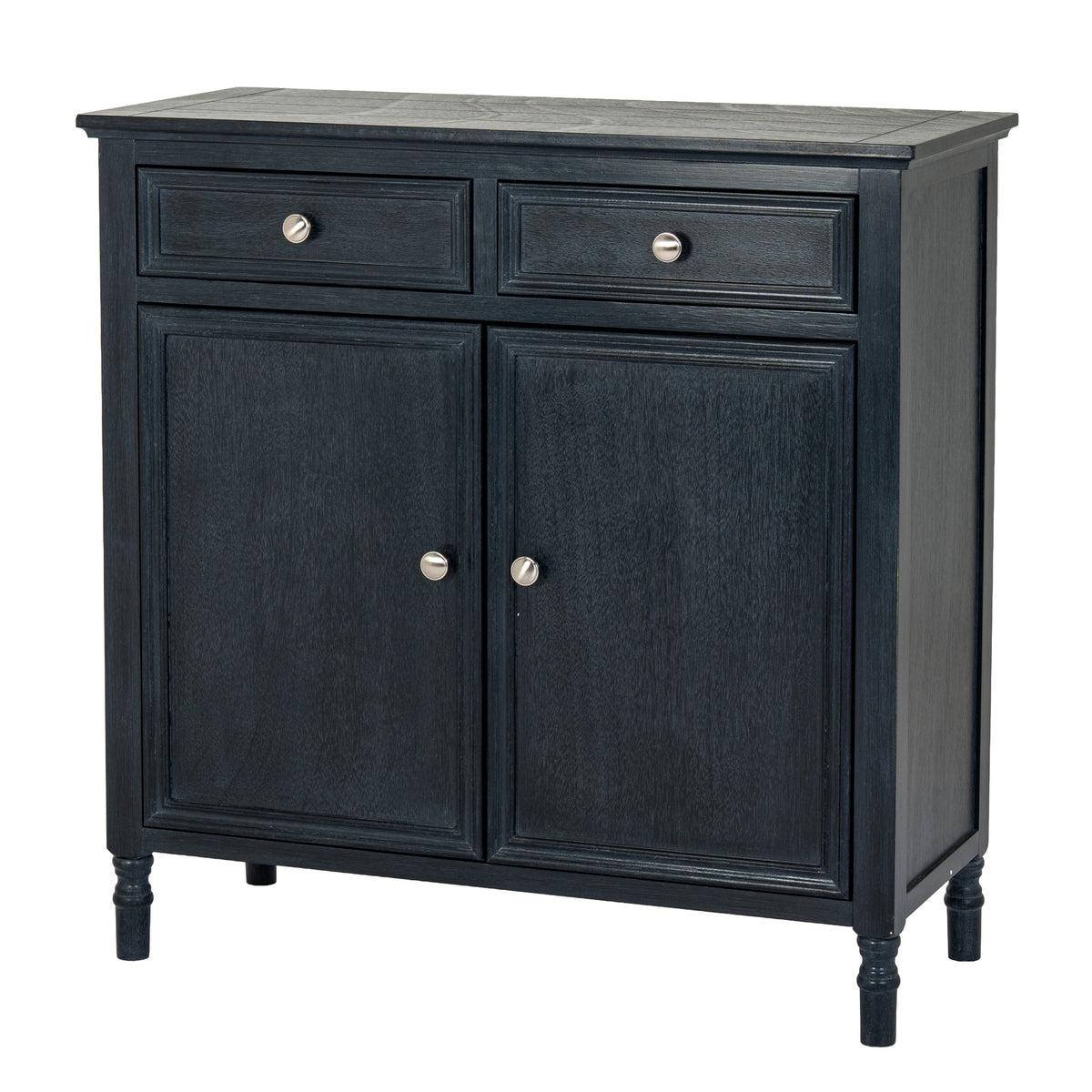 Dark charcoal-black sideboard viewed from the front and right, showing two drawers, two panelled doors, pale round knobs and short turned-profile feet.