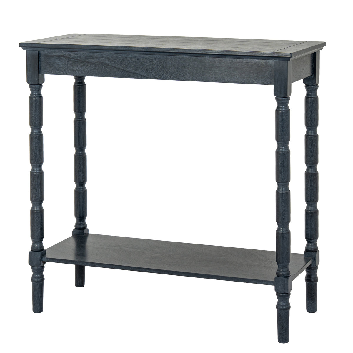 Dark charcoal-black console table on a white background, showing its rectangular top, plain apron, four turned-profile legs and lower shelf.