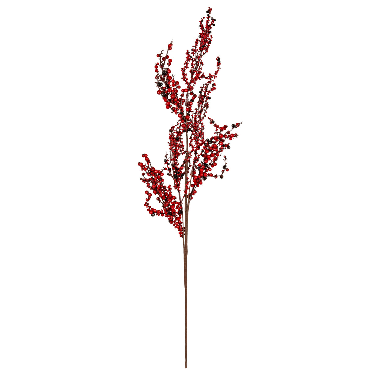 Darkberry Cluster artificial botanical spray against white, with a long brown lower stem and branching clusters of glossy red and near-black berries.
