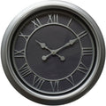 Front view of the round Darkfield Roman Wall Clock with a broad grey-to-silver rim, dark face, Roman numerals and ornate hands.