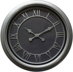 Front view of the round Darkfield Roman Wall Clock with a broad grey-to-silver rim, dark face, Roman numerals and ornate hands.
