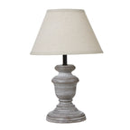 Darkneck Urn Table Lamp with a pale tapered shade, dark neck and grey-brown urn-shaped base on a round foot