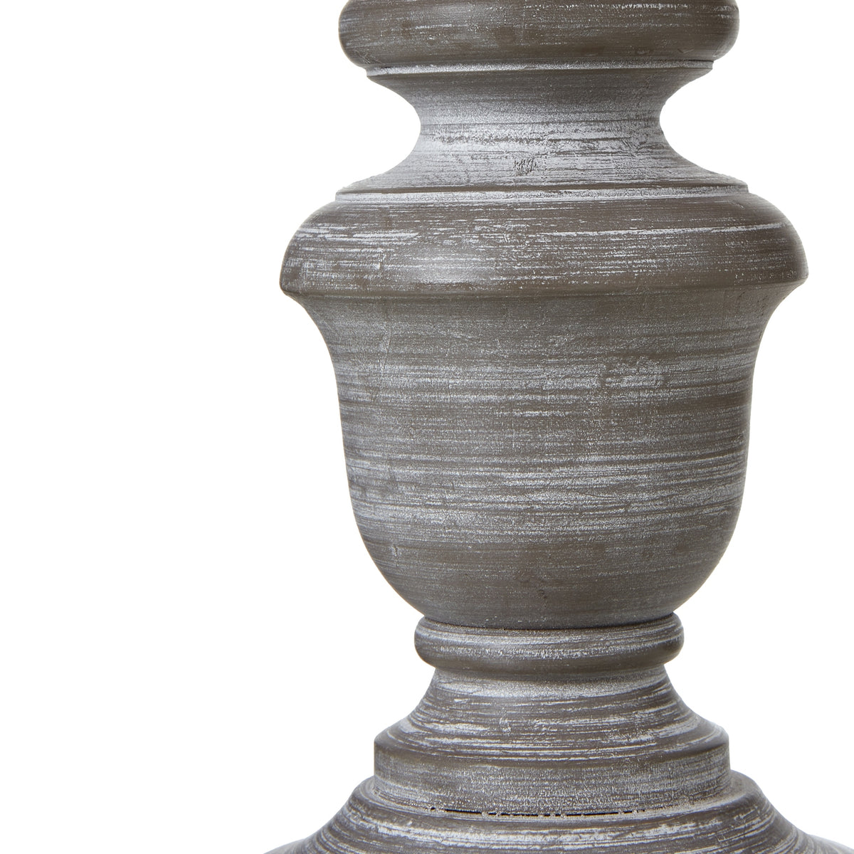 Close-up of the lamp's rounded urn body with pale streaks across its grey-brown finish