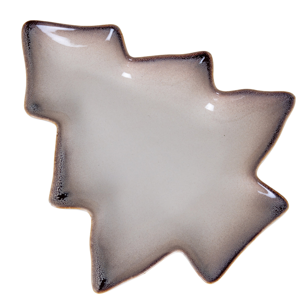 Overhead view of a tree-shaped dish with stepped branches, a pale speckled centre and a dark rim edged in tan.