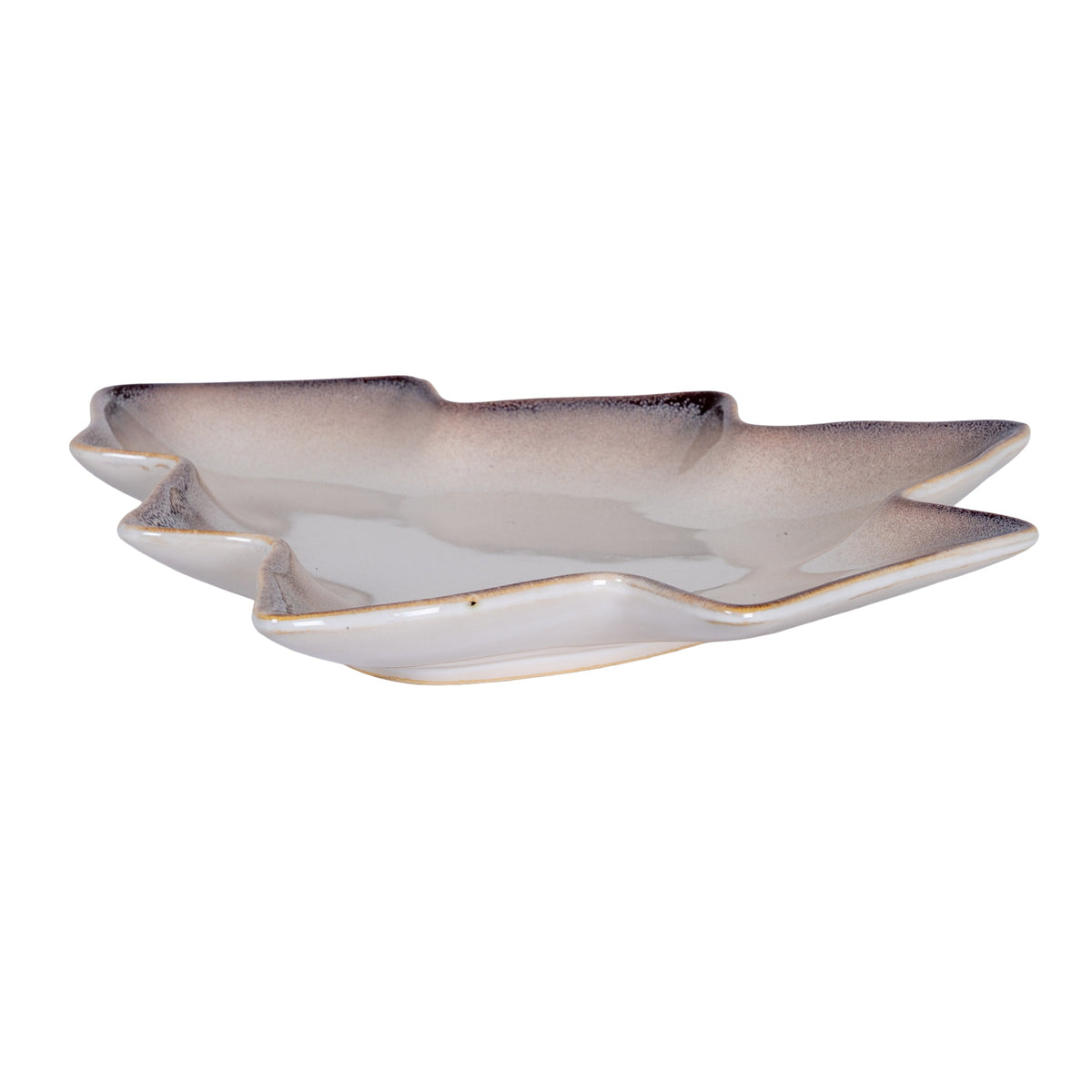 Low angled view of the tree-shaped dish showing its shallow basin, raised branch-shaped rim and glossy pale outer sides.