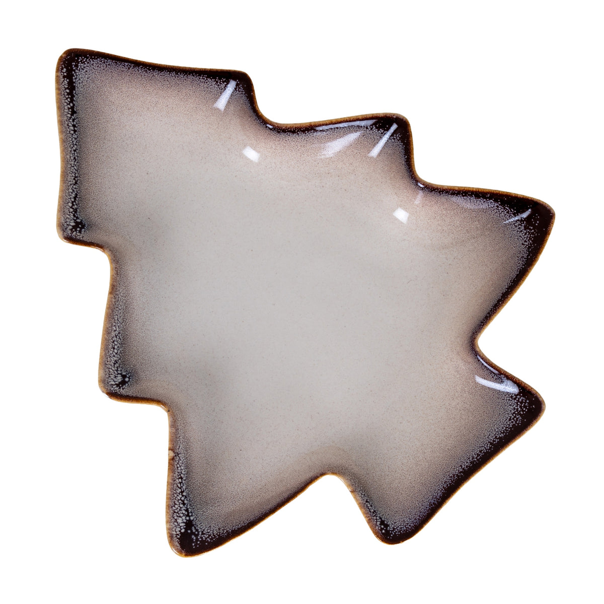 Overhead view of a tree-shaped decorative dish with a pale speckled centre, dark border and narrow tan edge.