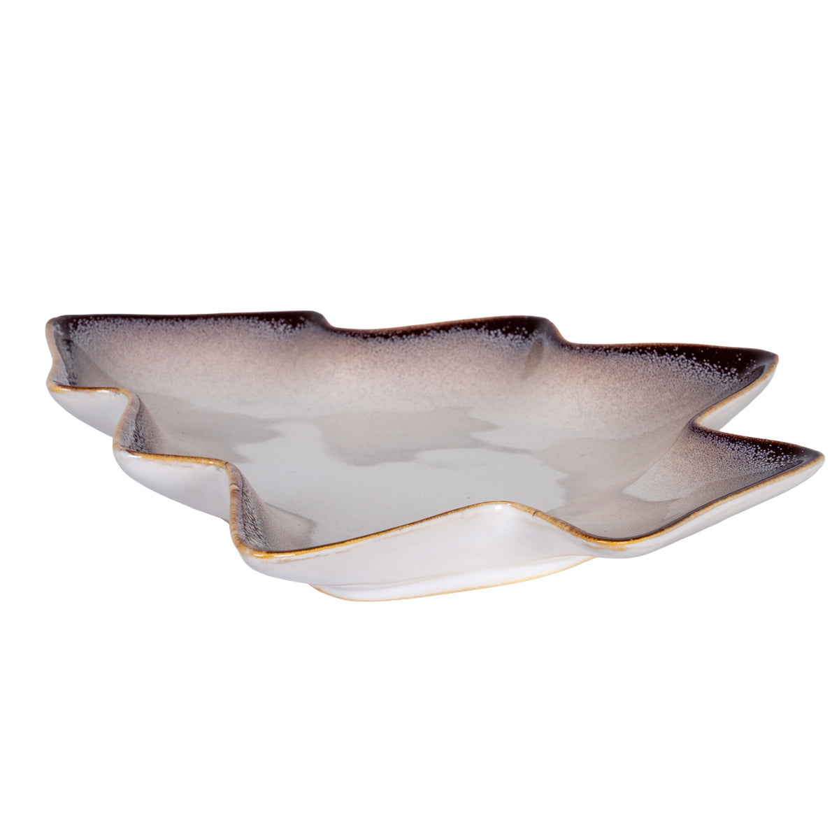 Low angled view of the shallow tree-shaped dish, showing its raised branch-shaped rim, glossy interior and pale outer sides.