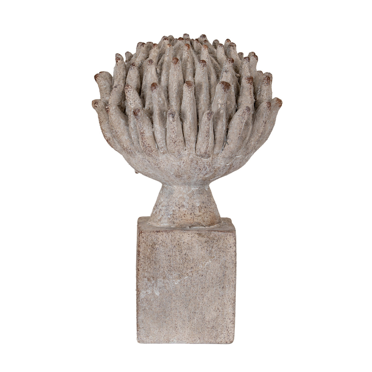 Front view of a pale grey-beige artichoke ornament with brown-tipped upright leaves, a short tapered stem and a rectangular mottled plinth on a white background.