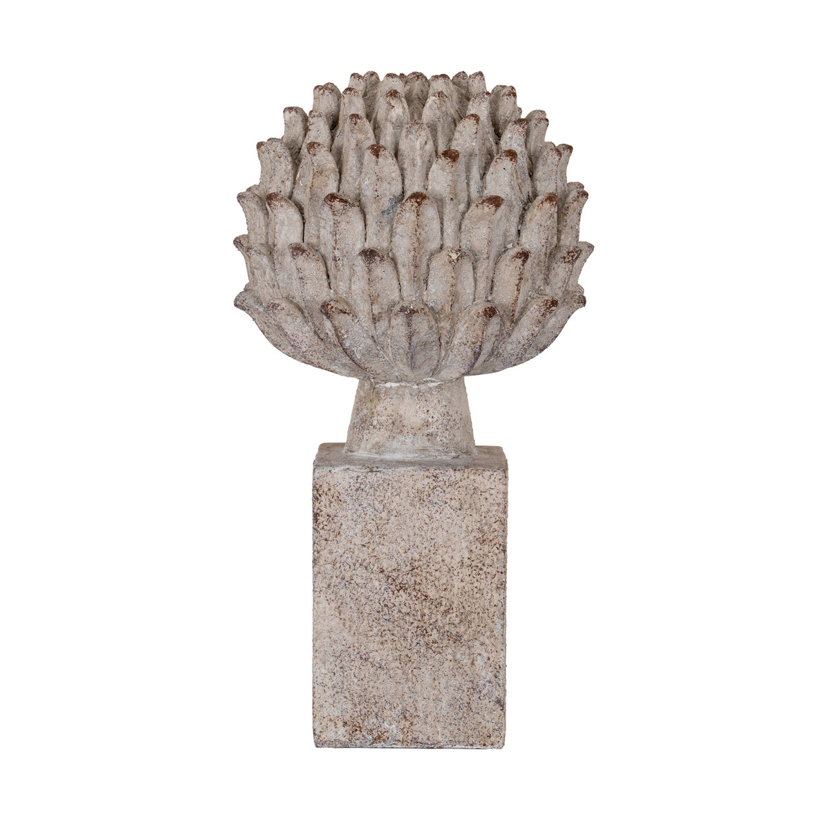 Pale grey-beige artichoke ornament with upright layered leaves, brown tips and a short tapered stem above a tall rectangular plinth, shown against white.