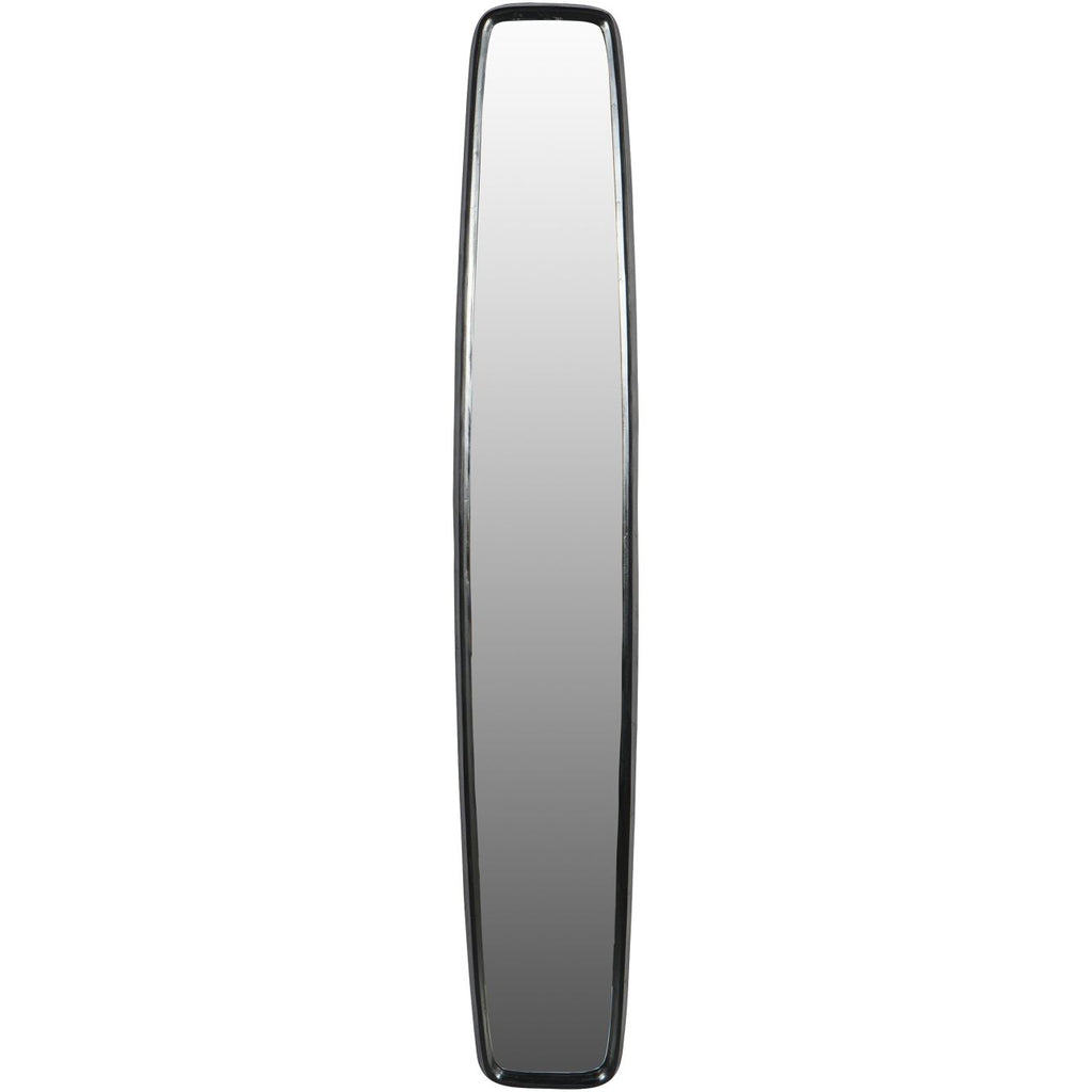 Front view of a tall narrow mirror with a dark rounded frame on a white background.