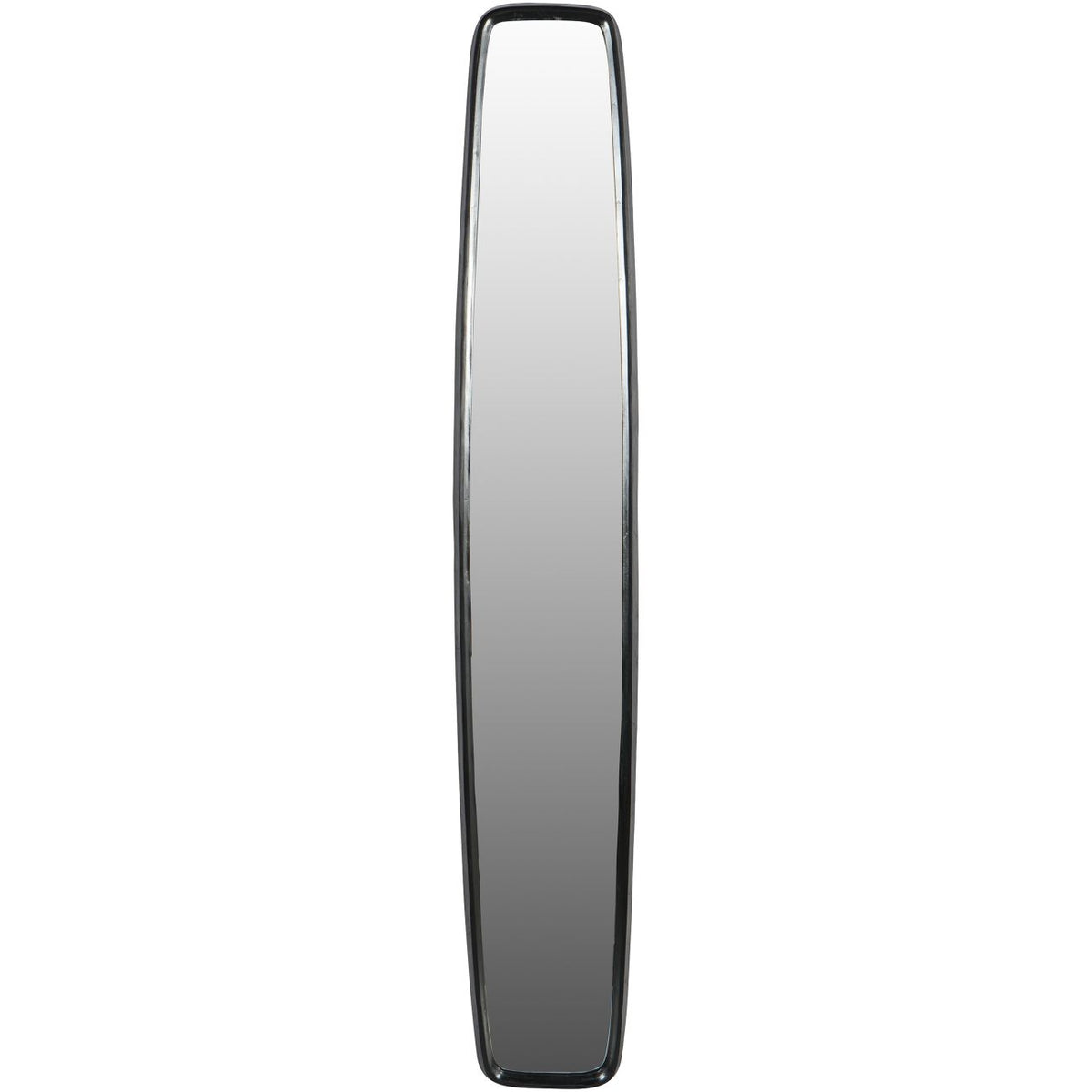 Front view of a tall narrow mirror with a dark rounded frame on a white background.