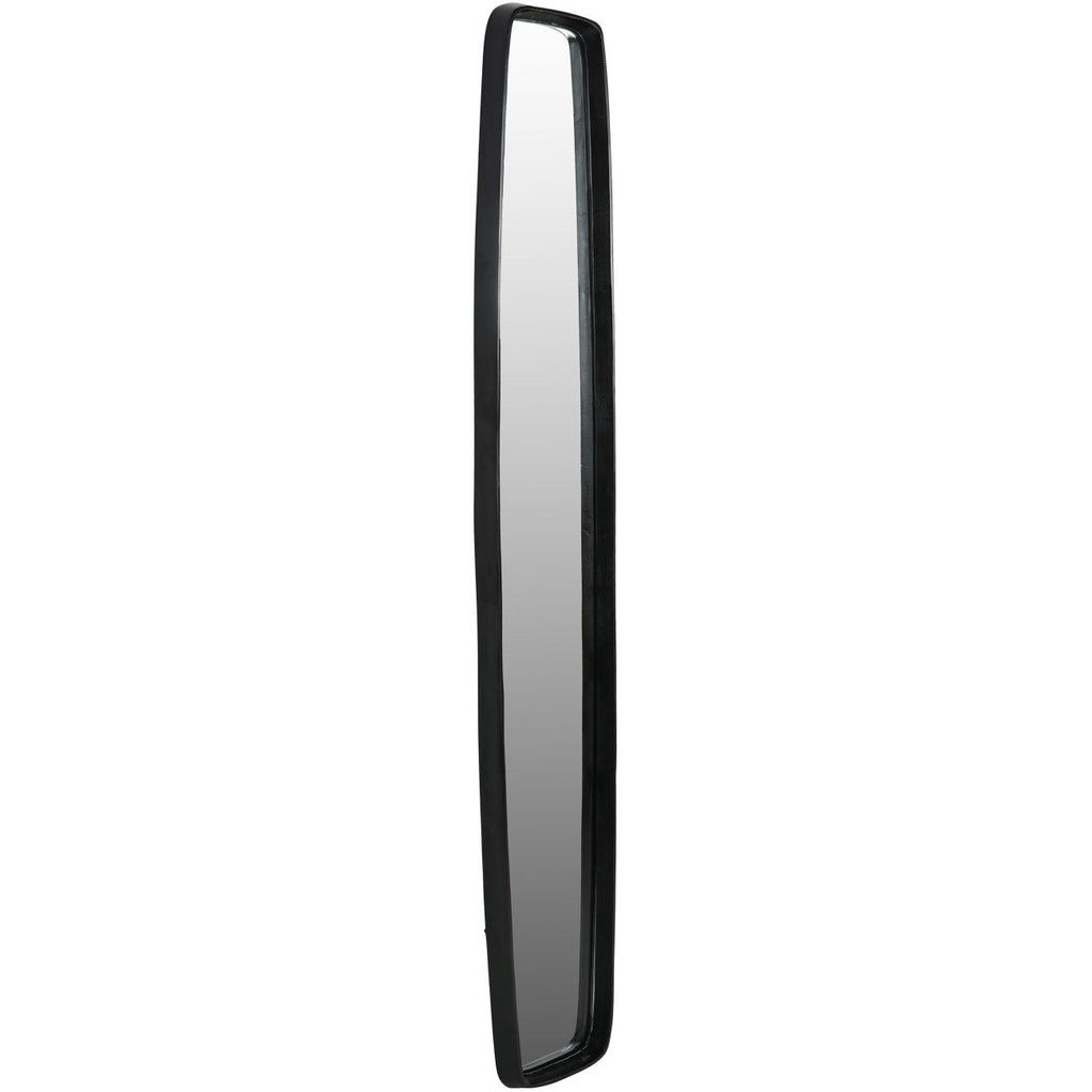 Angled view of the tall mirror showing the deep dark frame surrounding the glass.