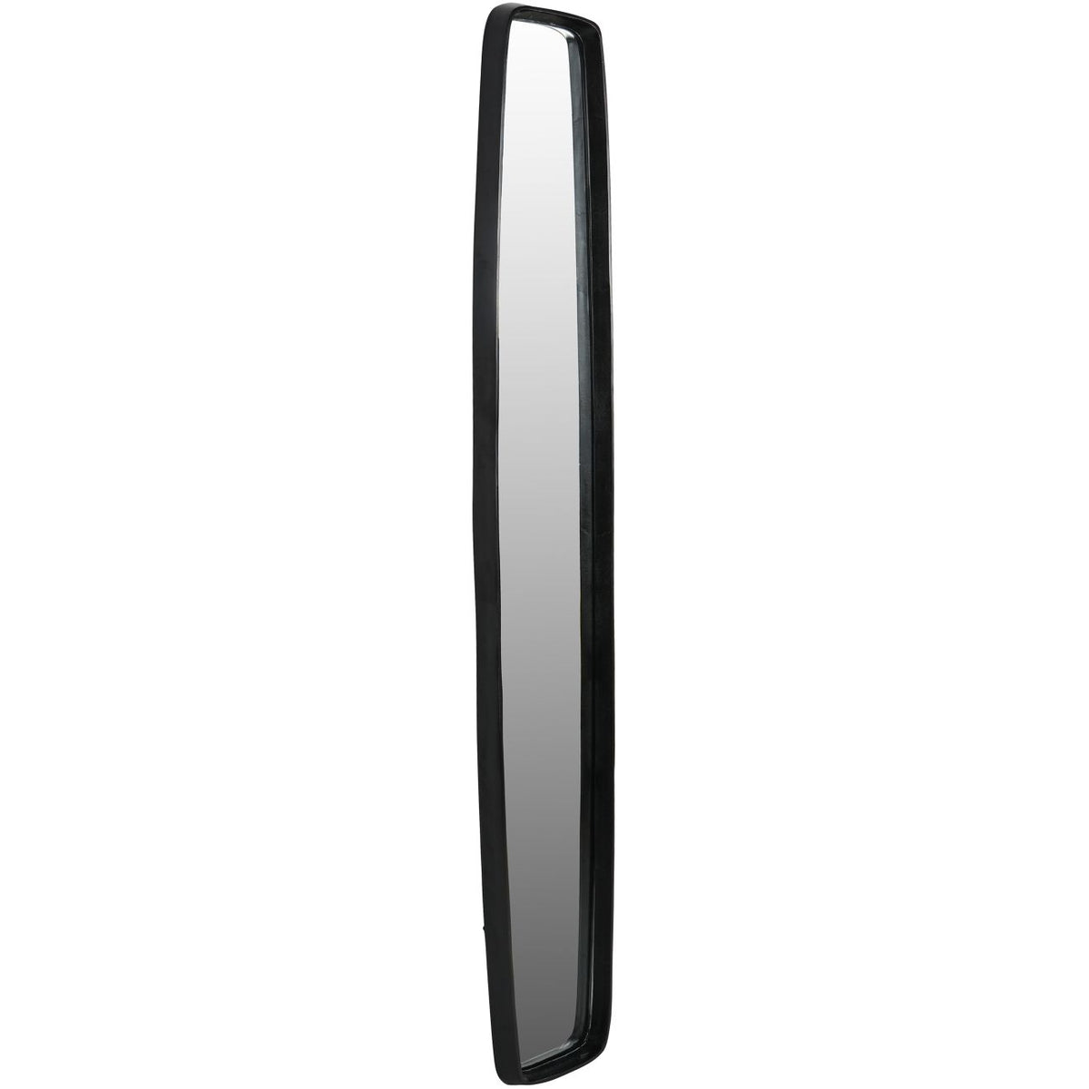 Angled view of the tall mirror showing the deep dark frame surrounding the glass.