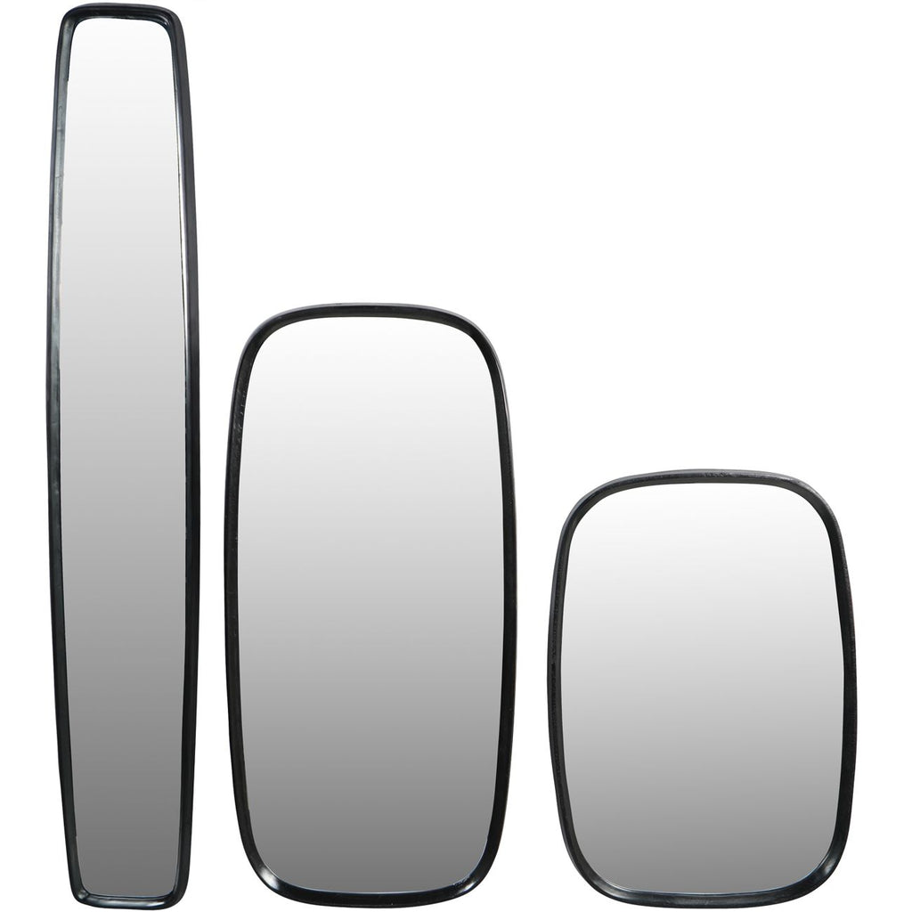 Tall narrow mirror on the left beside two shorter, wider mirrors with matching dark rounded frames.