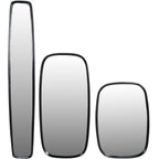 Tall narrow mirror on the left beside two shorter, wider mirrors with matching dark rounded frames.