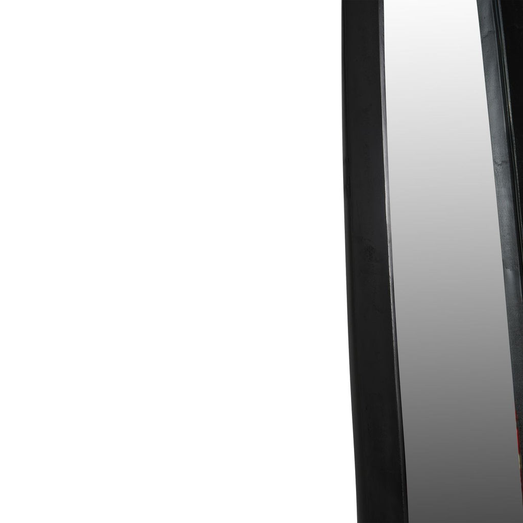 Close-up of the mirror's long side showing the deep graphite frame and inset glass.
