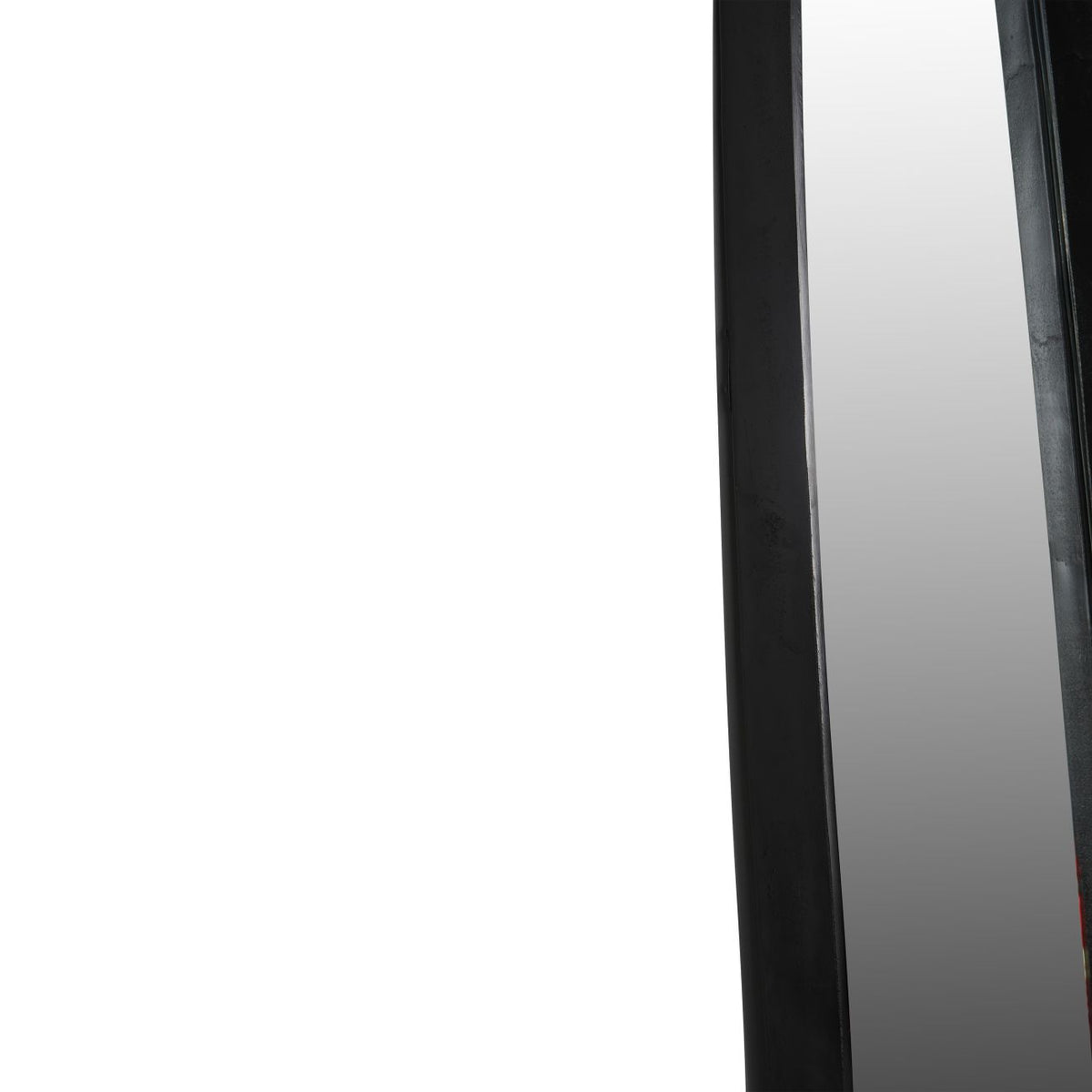 Close-up of the mirror's long side showing the deep graphite frame and inset glass.