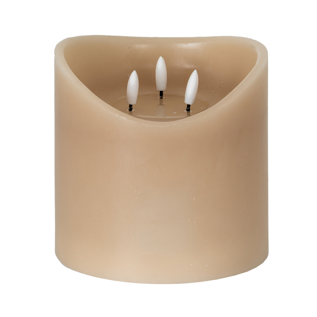 Taupe LED candle on a white background, showing its rounded body, dipped front rim and three white flame-shaped elements in the recessed top.