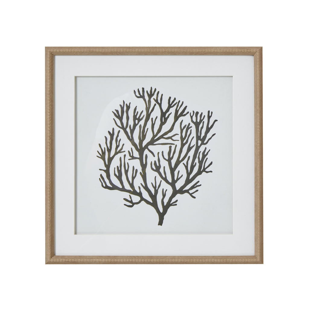 Front view of square framed artwork with a dark branching coral-like silhouette, pale ground, broad white mount and light beaded frame.