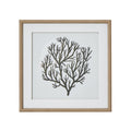 Front view of square framed artwork with a dark branching coral-like silhouette, pale ground, broad white mount and light beaded frame.