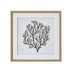 Front view of square framed artwork with a dark branching coral-like silhouette, pale ground, broad white mount and light beaded frame.