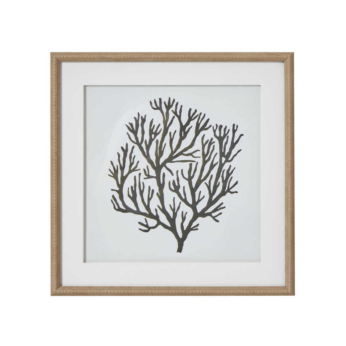 Front view of square framed artwork with a dark branching coral-like silhouette, pale ground, broad white mount and light beaded frame.