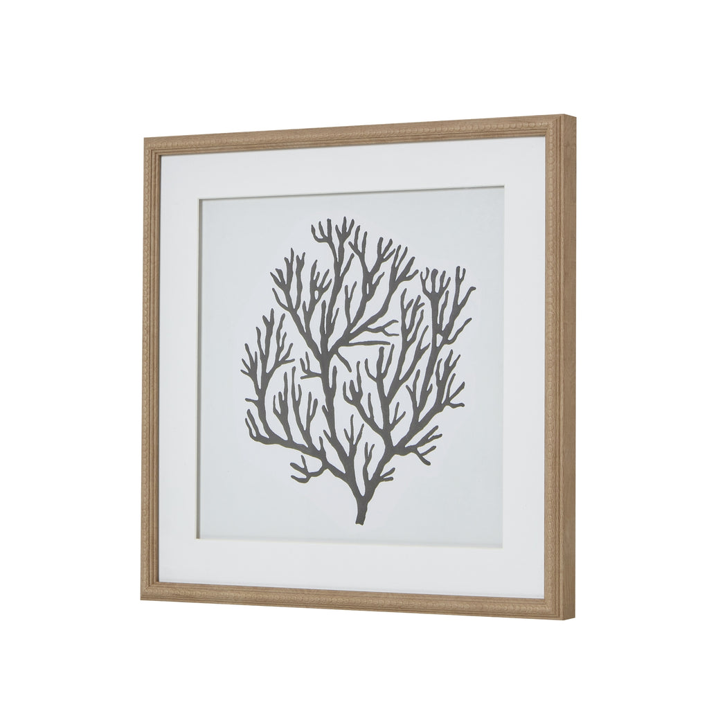 Angled view of the coral-like graphic and white mount, showing the light wood-look frame's right-hand edge and beaded detailing.
