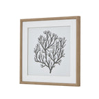 Angled view of the coral-like graphic and white mount, showing the light wood-look frame's right-hand edge and beaded detailing.