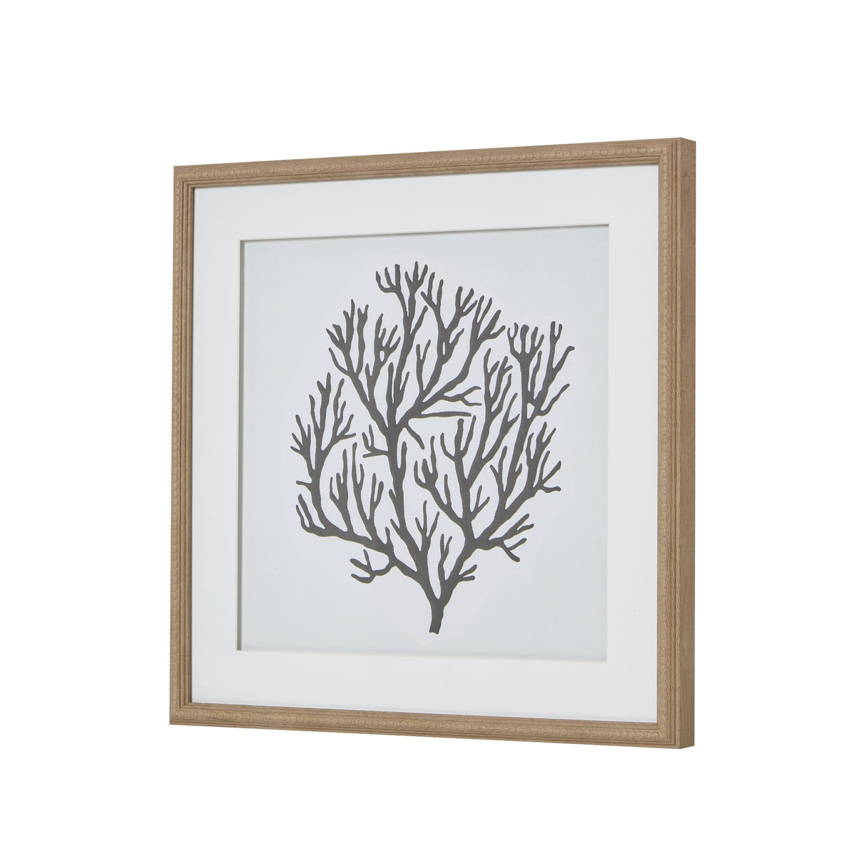 Angled view of the coral-like graphic and white mount, showing the light wood-look frame's right-hand edge and beaded detailing.