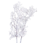 Closer view of the branching upper section, with clustered white flocking along fine brown-grey branchlets.