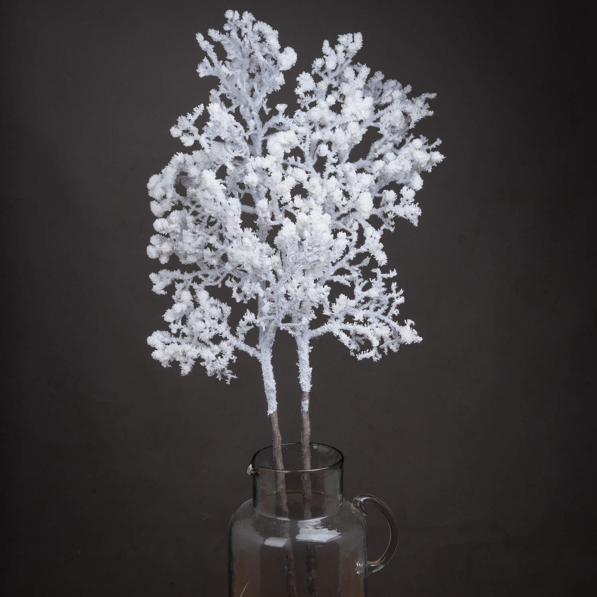 White flocked branches arranged in a clear handled jug against a dark background.
