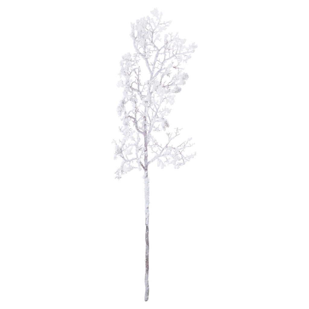 Full view of a long brown-grey artificial branch with dense white snow-effect flocking against a white background.