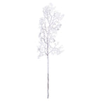 Full view of a long brown-grey artificial branch with dense white snow-effect flocking against a white background.