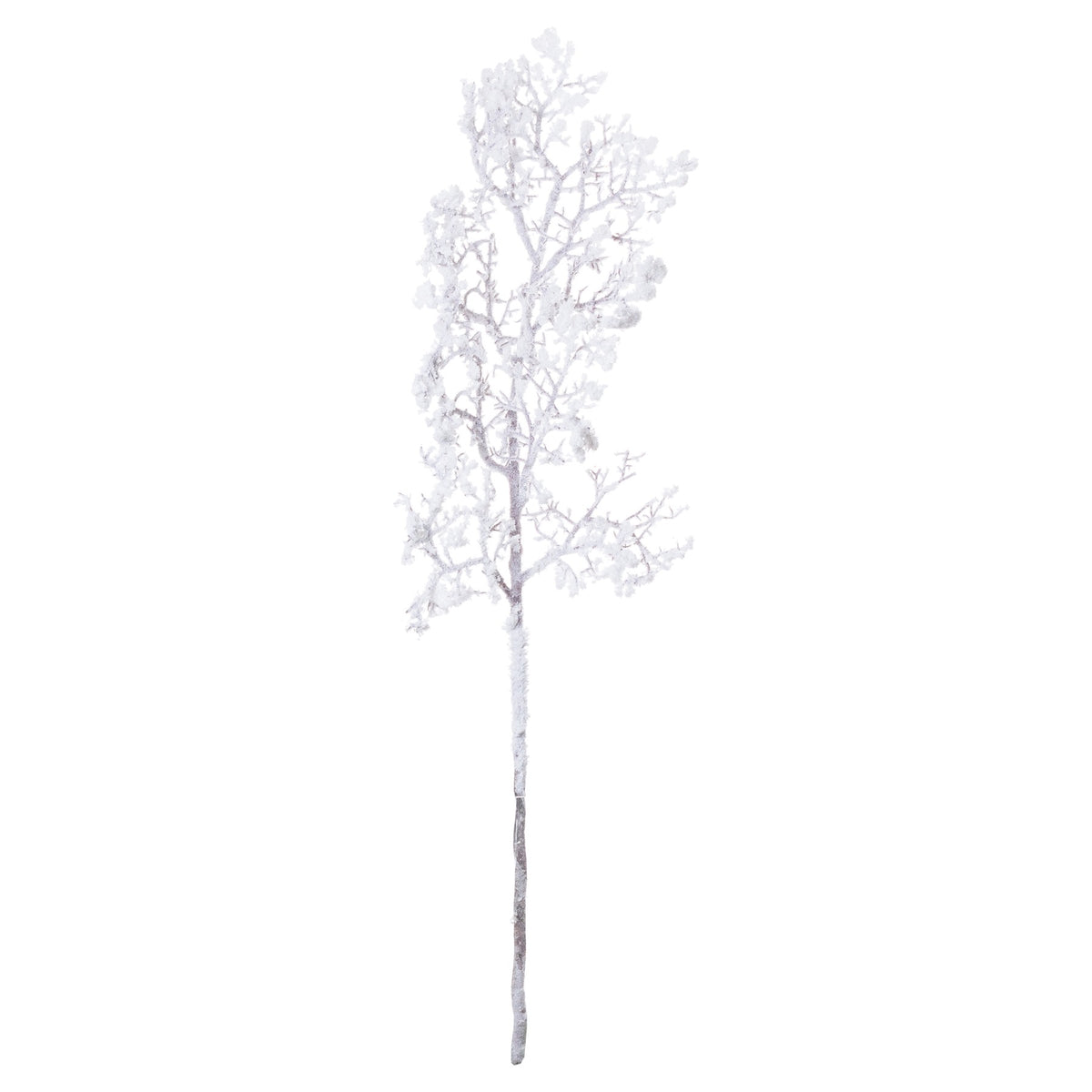Full view of a long brown-grey artificial branch with dense white snow-effect flocking against a white background.