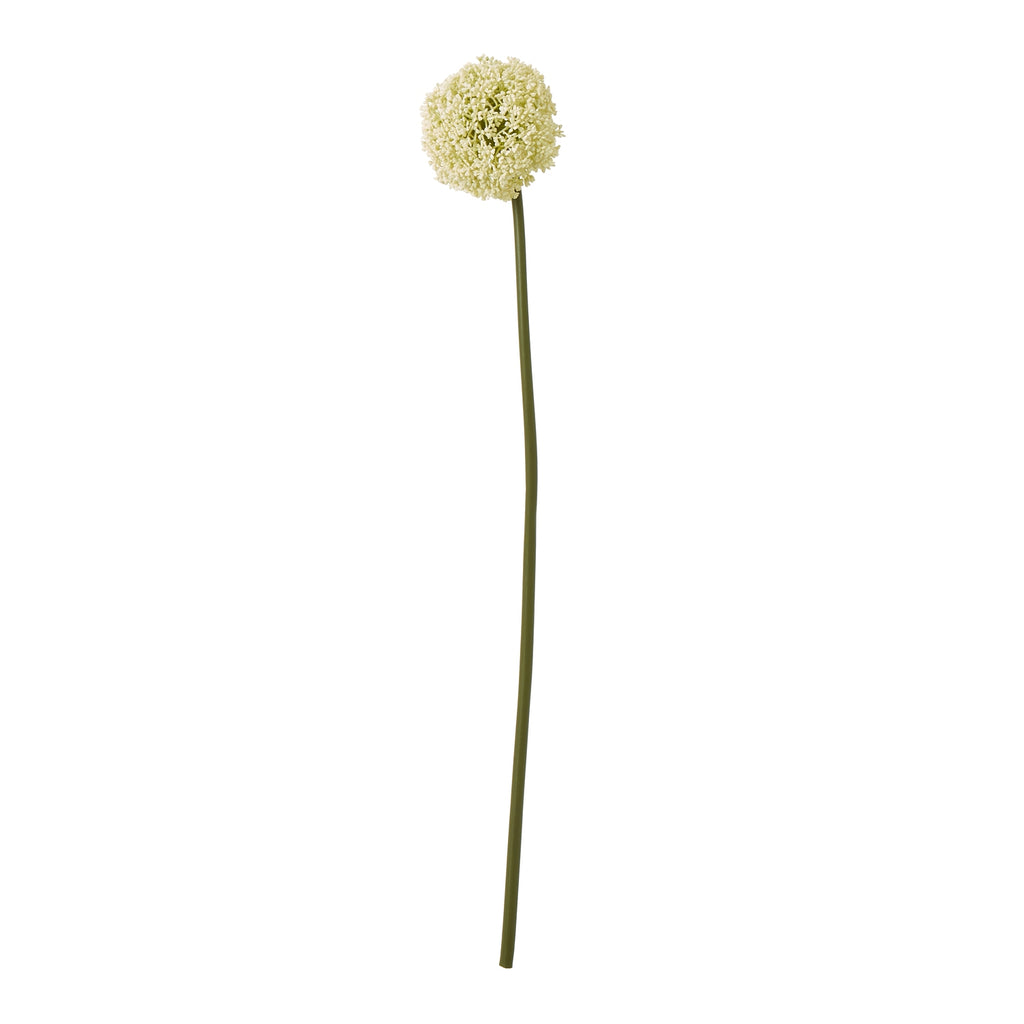 Full view of a cream artificial botanical with a spherical flower head and long, slightly curved green stem against white.