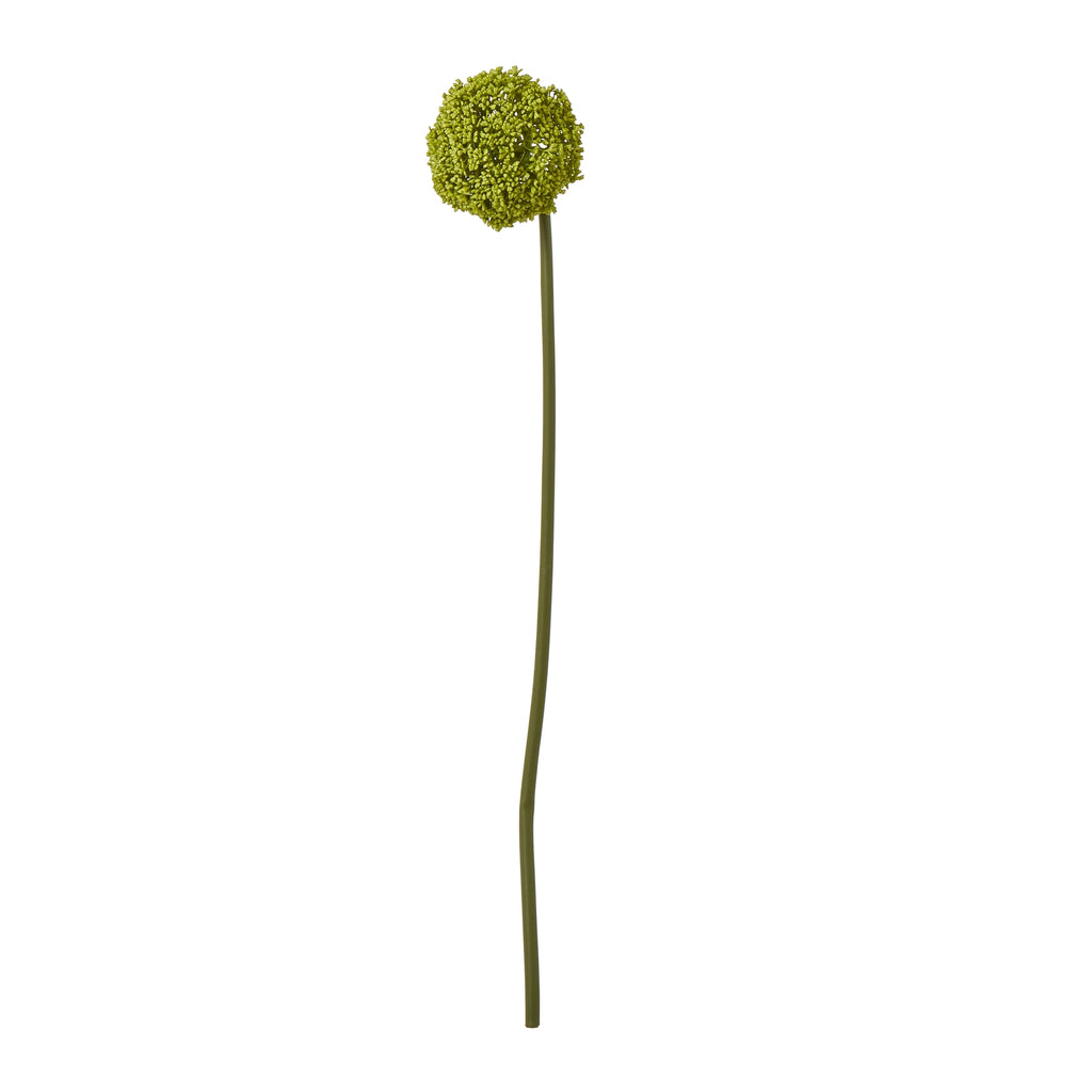 Green artificial botanical stem with a compact spherical head and a long, slightly curved stem against white.