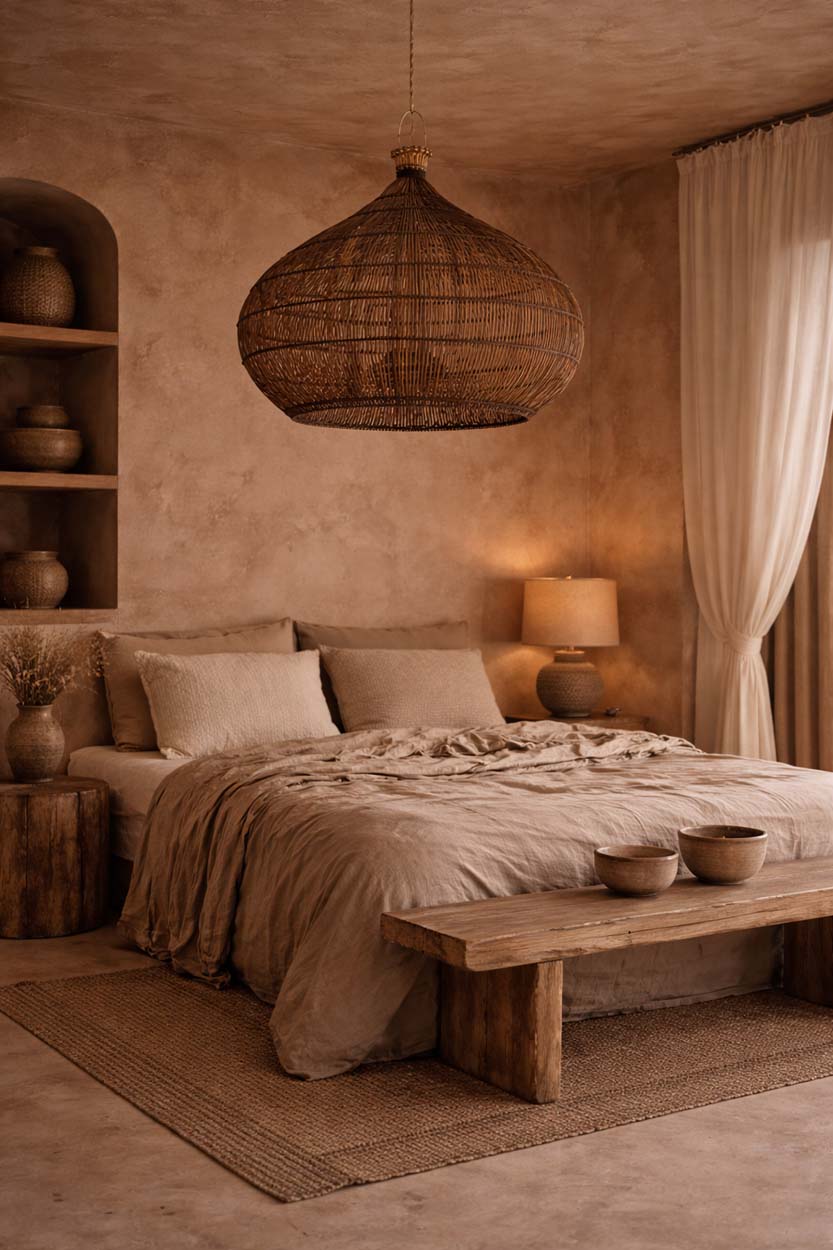 Desert Gourd Rattan Pendant Light – Dark Walnut, Large – styled above a bed