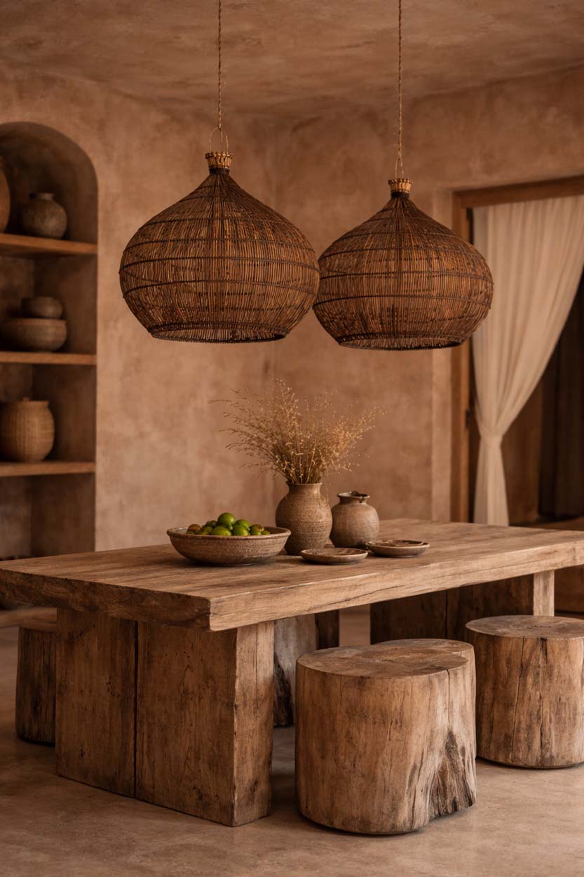 Desert Gourd Rattan Pendant Light – Dark Walnut, Medium – styled above a dining table
