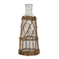 Clear empty carafe with an exposed neck and brown woven sleeve, featuring diagonal lattice above straight lower uprights on a white background.