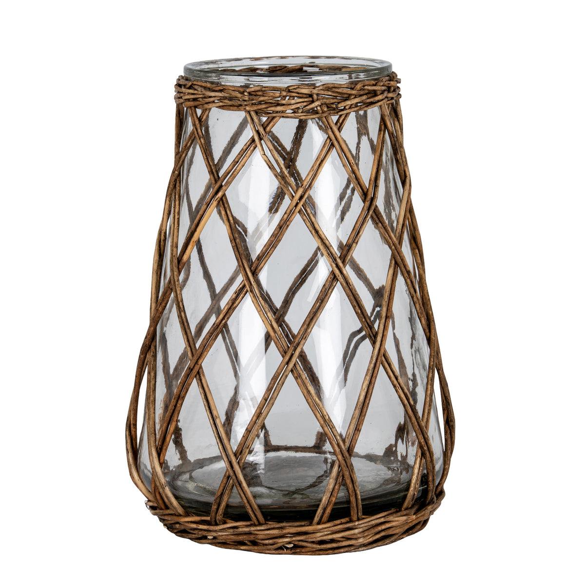 Clear tapered lantern with brown strands crossing in a diamond lattice and woven bands around the open rim and broad base, shown on white.