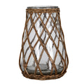 Tall clear lantern with a gently tapered rounded body, brown diagonal diamond lattice and woven bands around the open rim and base, shown on white.