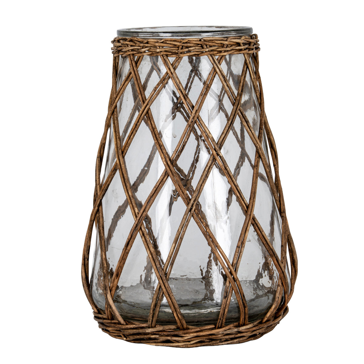 Tall clear lantern with a gently tapered rounded body, brown diagonal diamond lattice and woven bands around the open rim and base, shown on white.