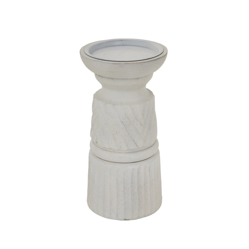 Full view of the pale candle holder with its rounded top, ringed middle and cylindrical fluted base against white.