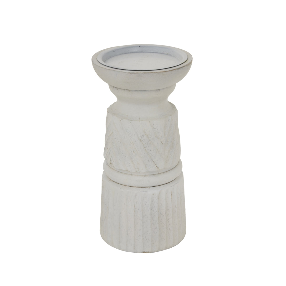 Full view of the pale candle holder with its rounded top, ringed middle and cylindrical fluted base against white.
