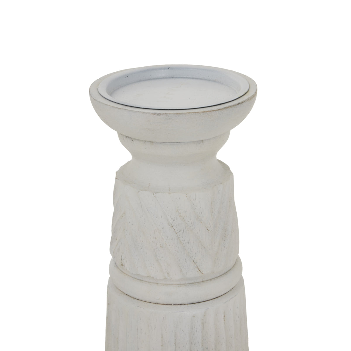 Close-up of the candle holder's broad recessed top and narrowed neck, with pale diagonal relief bands and darker marks along the edges.