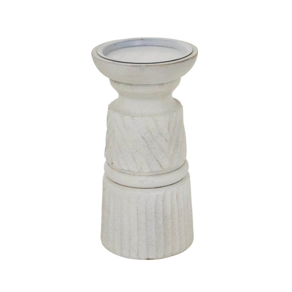 Whitewashed candle holder on a white background, showing its recessed circular top, diagonal middle bands and vertically fluted base.