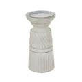 Whitewashed candle holder on a white background, showing its recessed circular top, diagonal middle bands and vertically fluted base.