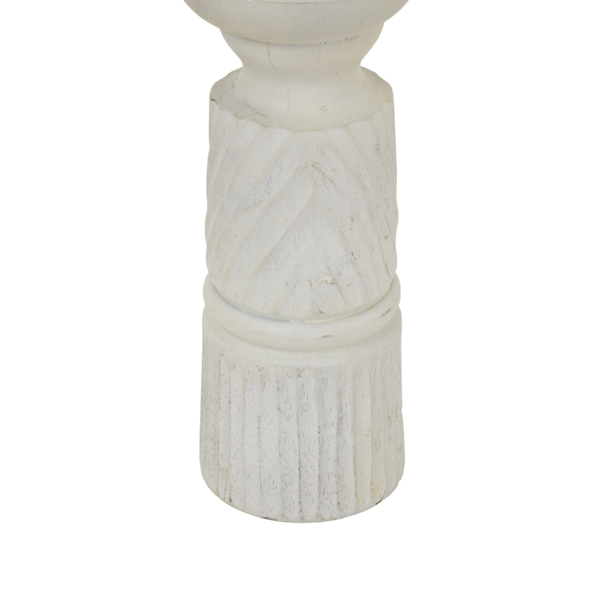 Detail of diagonal grooves above rounded dividing bands and a vertically fluted base, with darker markings showing through the whitewashed finish.