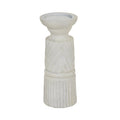 Full view of a whitewashed candle holder with a broad recessed top, narrow neck, diagonal middle bands and a vertically fluted base.